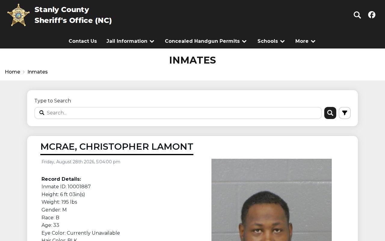 Stanly County Sheriff official inmate roster source