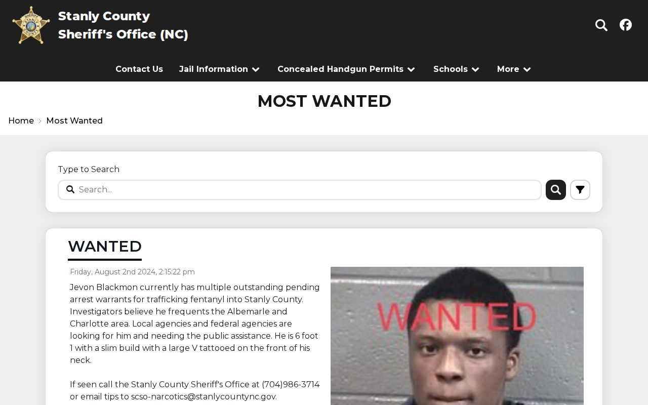 Stanly County Sheriff official most wanted page